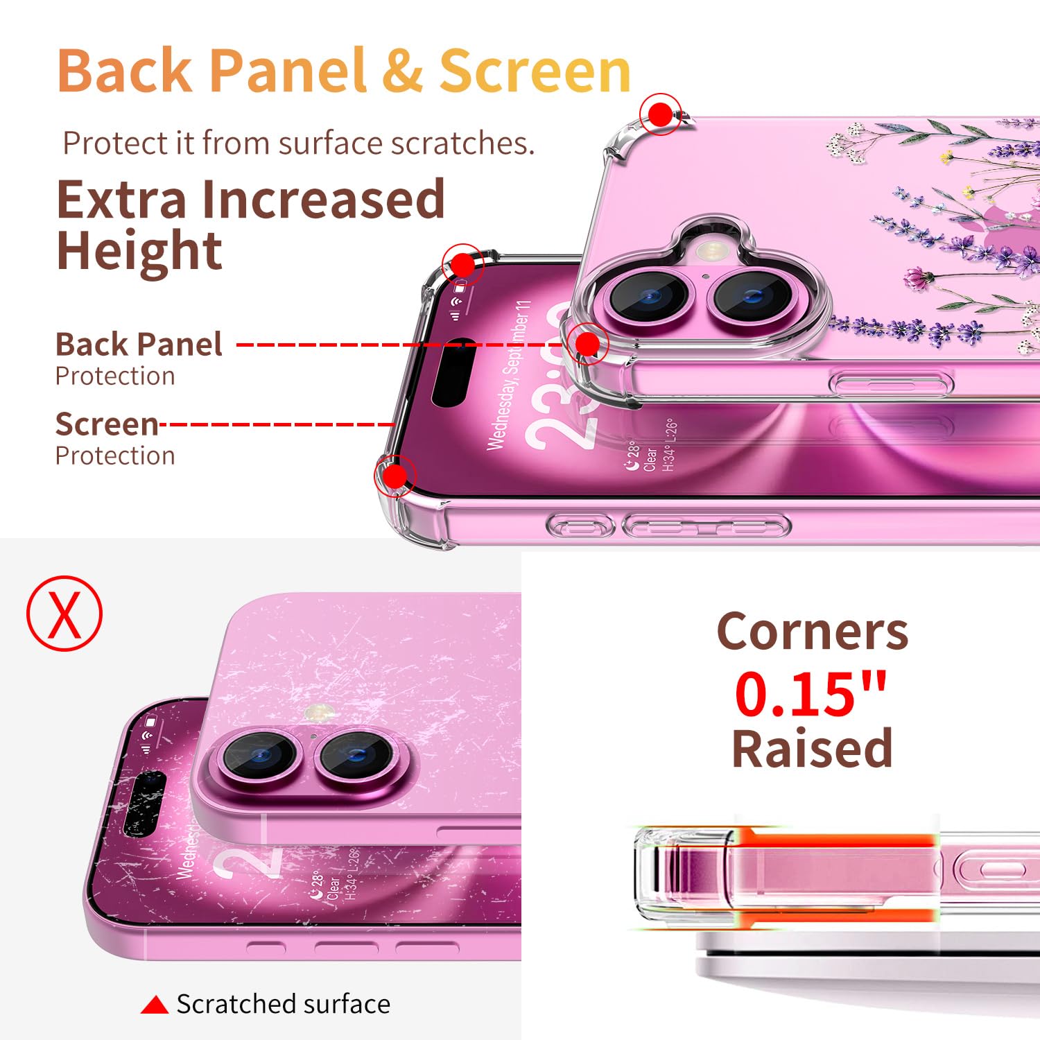 Custodia per iPhone 16, 3 in 1 per schermo e lenti protettive, cover | Morbido materiale TPU, design floreale, antiurto, progettato per donne e ragazze, giardino di lavanda