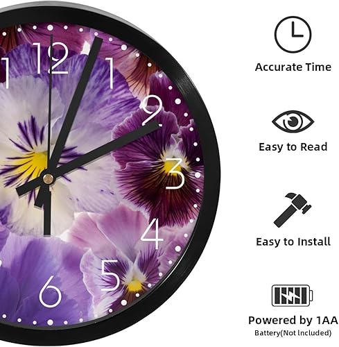 Miniatura 2 de Reloj de pared, diseño de flores moradas, 9.8 pulgadas, silencioso, sin tictac, fácil de leer, moderno, decorativo, para el hogar, la oficina, la