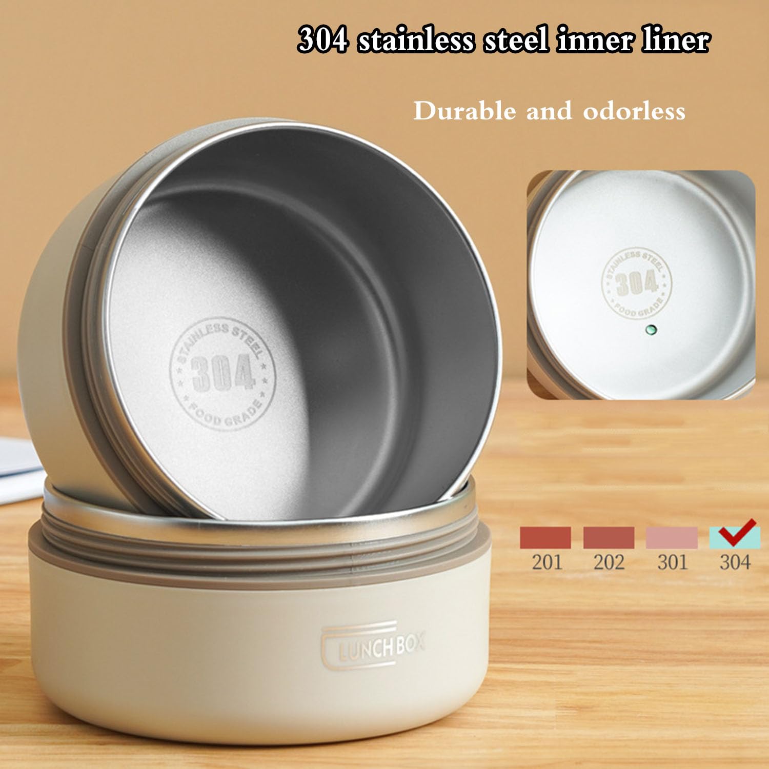 4 Pcs Boîte à Déjeuner Isotherme, Boîte à Thermique Portable étanche, Conteneurs à Déjeuner Ronds Empilables en Acier Inoxydable 304 Pour Bureau Randonnée,Beige