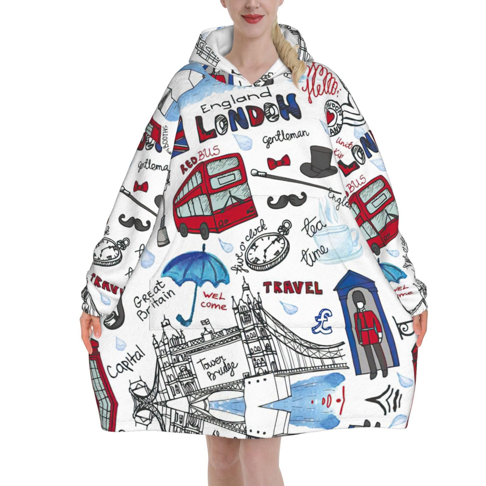 London Plush Blanket Hoodie,Anti-Pilling Flannel Cozy Loungewear With Kangaroo Pocket For Cold Weather