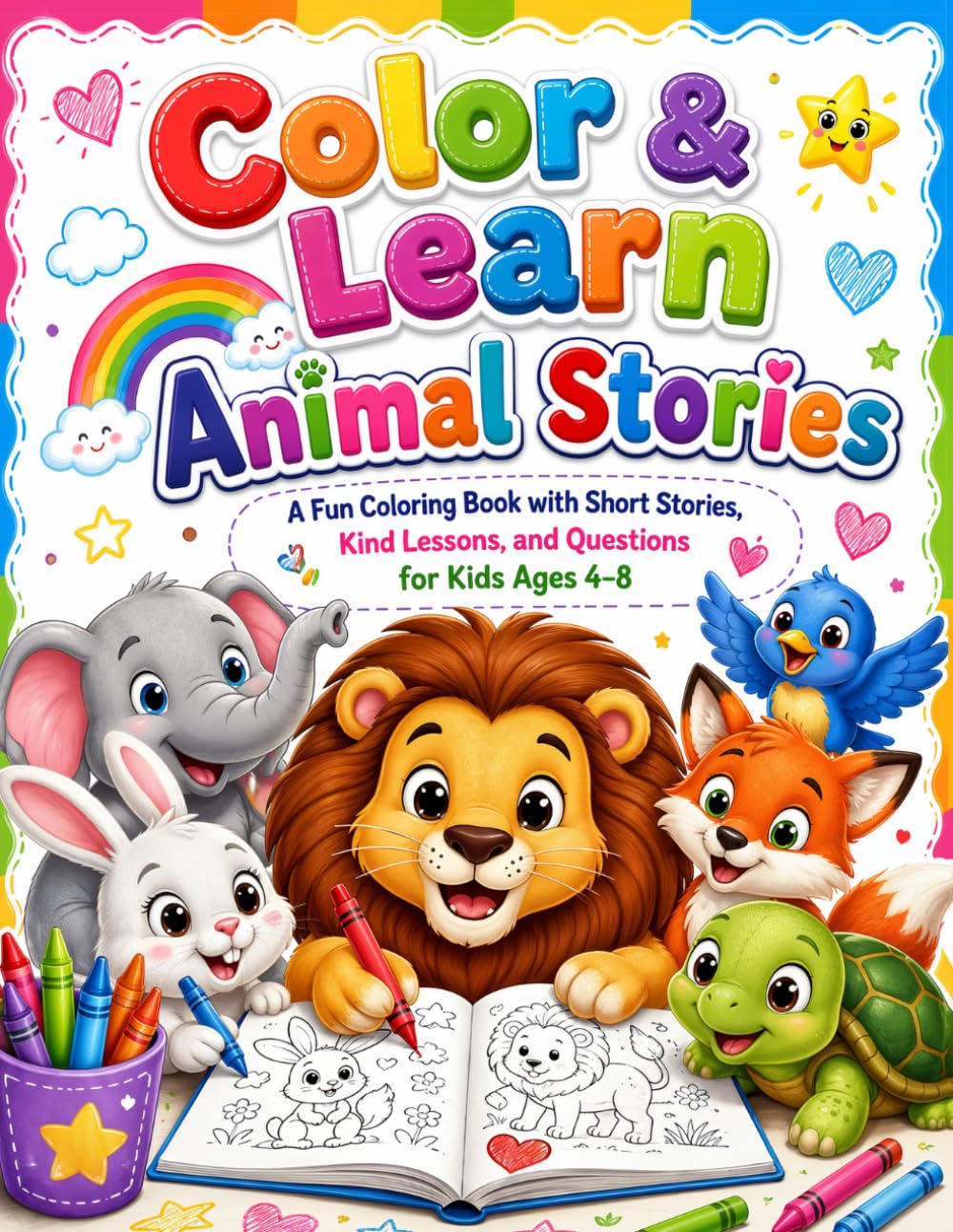 Color & Learn Animal Stories: A Fun Coloring Book with Short Stories, Kind Lessons, and Questions for Kids Ages 4–8