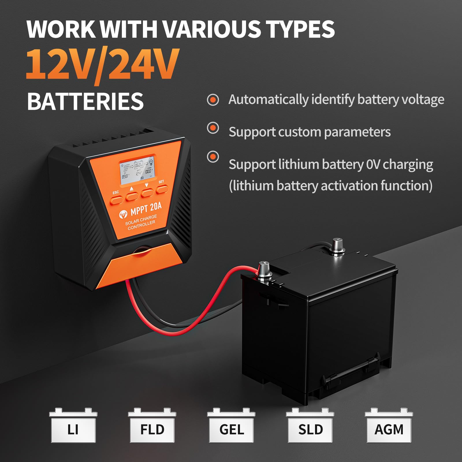 Nicesolar 20A Solarladeregler – 12V/24V, LCD-Display, Einstellbar, Für Blei- & Lithium-Batterien (LiFePO4)