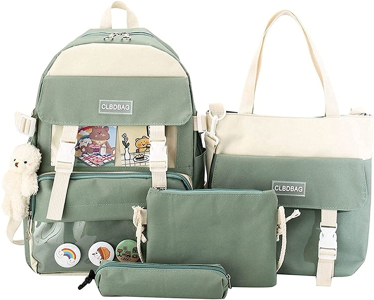 Lffy Unisex Kids Green 4Pcs Canvas School Backpacks Combo Set,With Bear Pendant Kawaii School Bags Backpack, Lunch Box Bag, Laptop Backpack (Green)