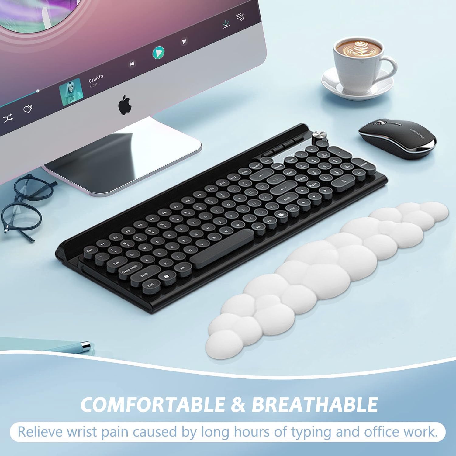 Aisakoc White Cloud Wrist Rest with PU Leather Memory Foam Cute Keyboard Rest for Wrist Support, Desk Wrist Pad for PC Gaming/Hand Cushion/Computer/Office