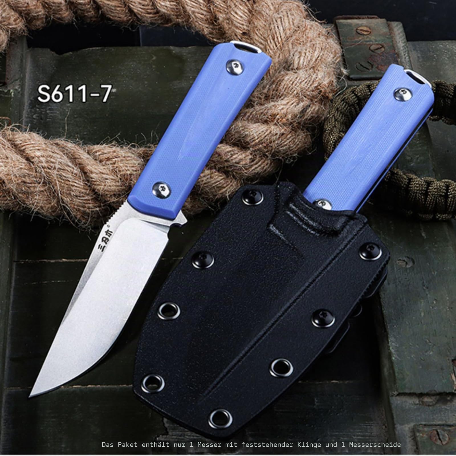 Sanrenmu Fixed Blade Messer mit Scheide 8Cr13Mov 3.74" Blade Compact G10 Griff Messer für Outdoor Camping S611 (Blau)