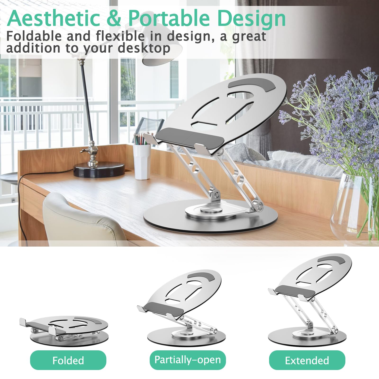 Supporto per computer portatile per scrivania regolabile con base rotante a 360 ° Supporto ergonomico per laptop per scrivania pieghevole e portatile per computer adatto a MacBook Pro Air