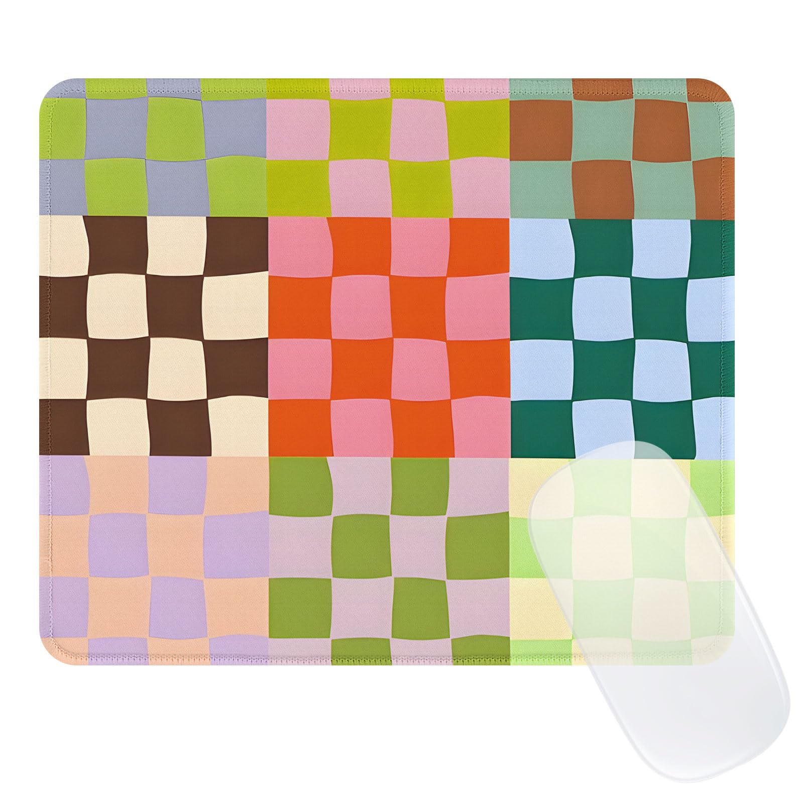 Cute Colorful Mouse Pad,Retro Checkered Pattern Mousepad,Square Aesthetic Waterproof Mouse Mat Design, Non-Slip Rubber Base Funny Boho Small Mouse Pads, Desk Accessories,Purple Blue Green