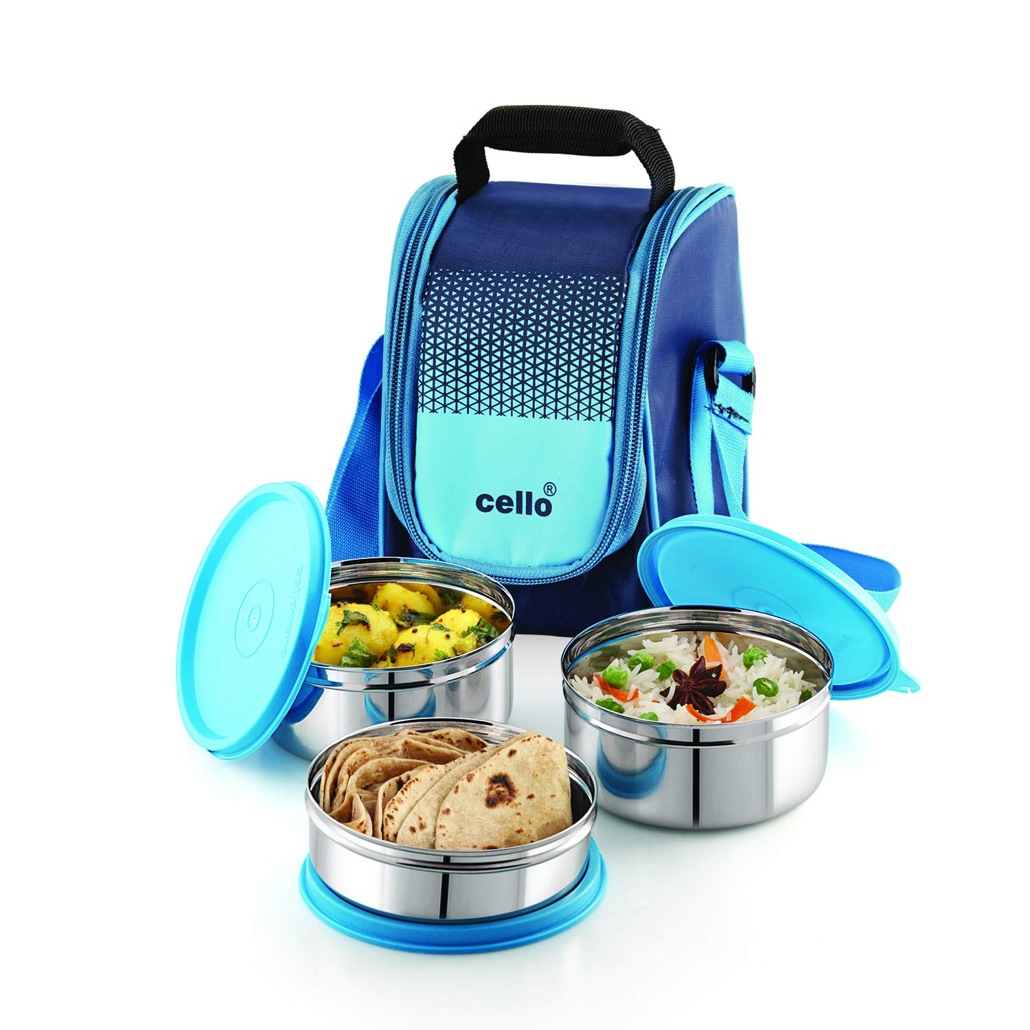 CELLO MF Matiz Lunch Box, 3 Unit, Blue Stainless Steel Lunch Box 3