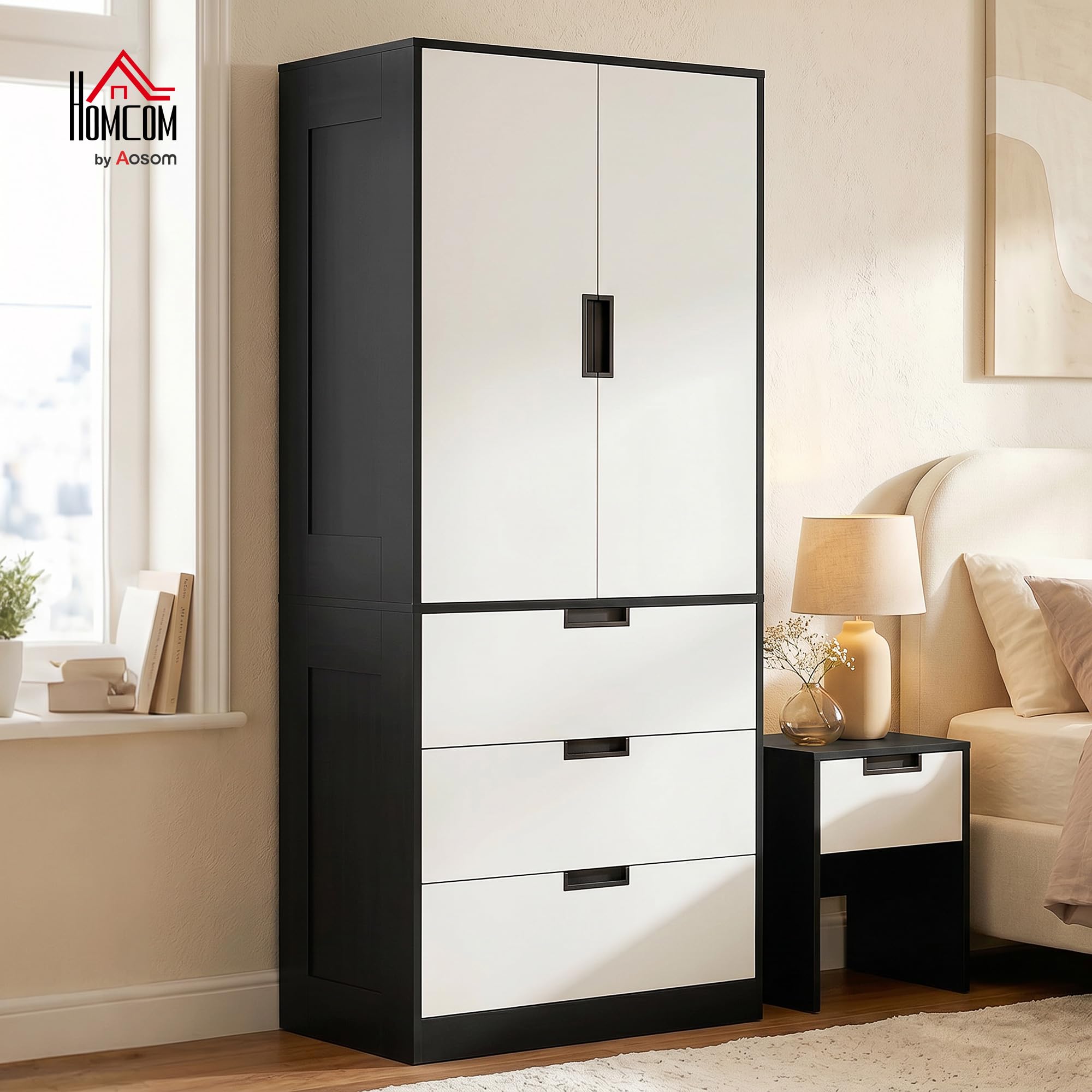 HOMCOM Armadio Camera da Letto 2 Ante Moderno 80x50x180 cm Bianco e Nero
