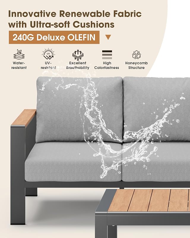 Aluminum Outdoor Patio Furniture Set 8 Seats, Outdoor Sectional Corner Sofa, Patio Conversation Sets with Coffee Table & Washable Thick Cushions, Outdoor Furniture for Backyard, Porch, Gray image 4