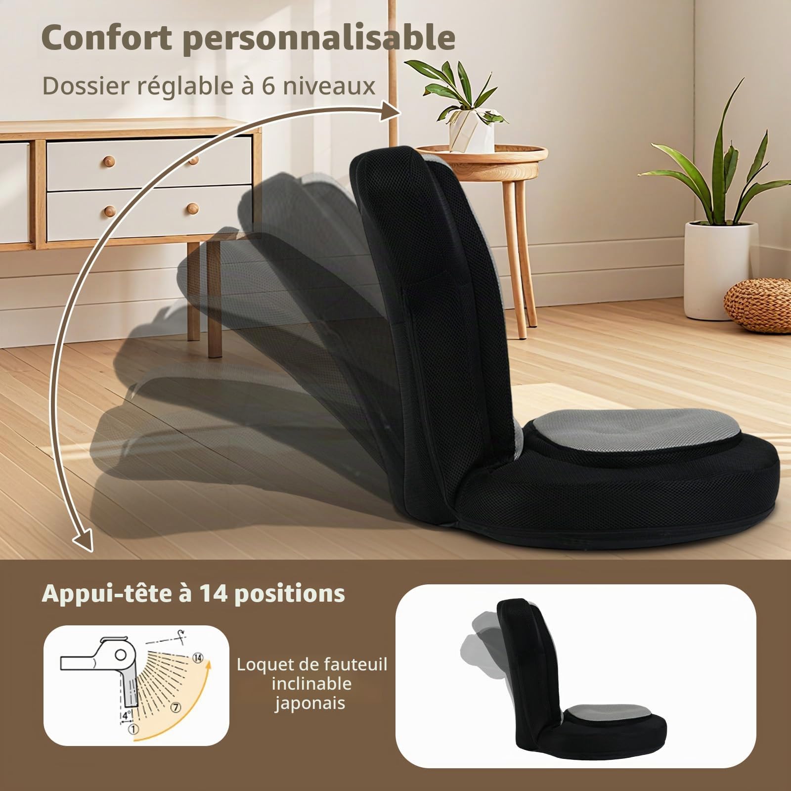 RELAX4LIFE Chaise de Sol avec Dossier Réglable en 5 Niveaux, 14 Positions d'Appuie-tête, Housse en Maille Respirant, Fauteuil de Jeu au Sol Reclinable pour Lecture Méditation Charge 140KG (Gris)