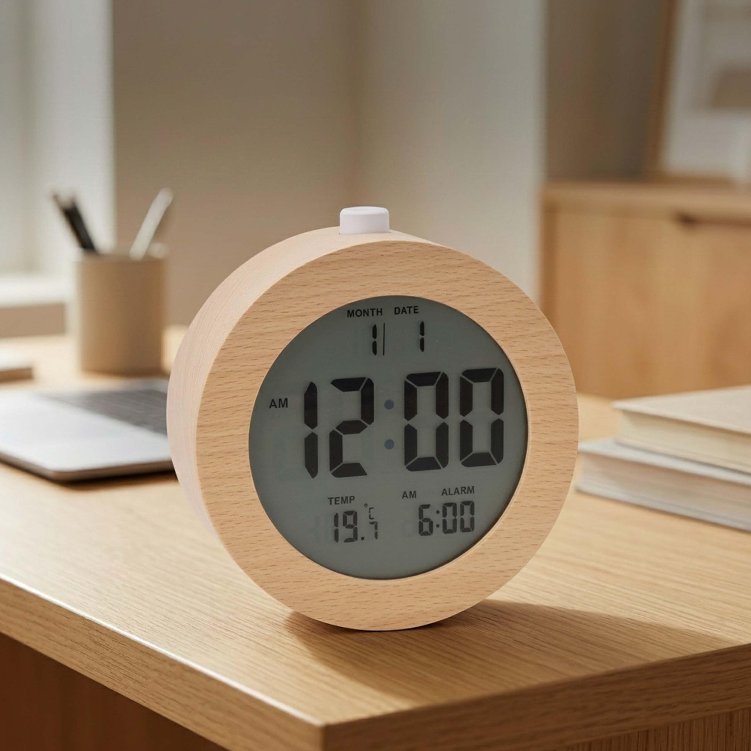 Relaxdays Despertador Digital de Madera con indicador de Fecha y Temperatura, función de repetición, luz, Reloj Despertador Digital Redondo, Color Natural