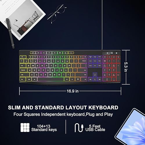 Miniatura 6 de Teclado de computadora con cable, retroiluminación LED arcoíris de 7 colores, teclado iluminado silencioso con teclas multimedia, teclas de chiclet