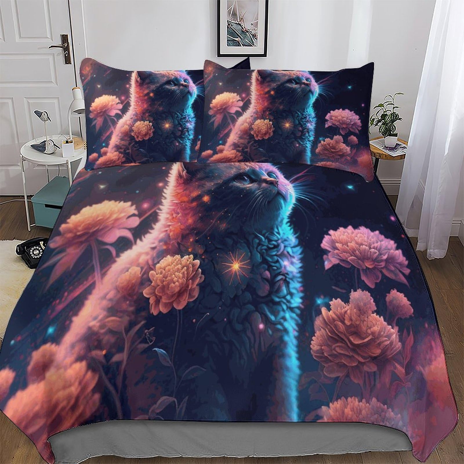 Cat Duvet Cover with Pillow Cases 3 PCs Comforter Cover Bedding Set for Childrens And Adults Soft Microfiber with Zipper Closure Quilt Cover Double (200x200cm)