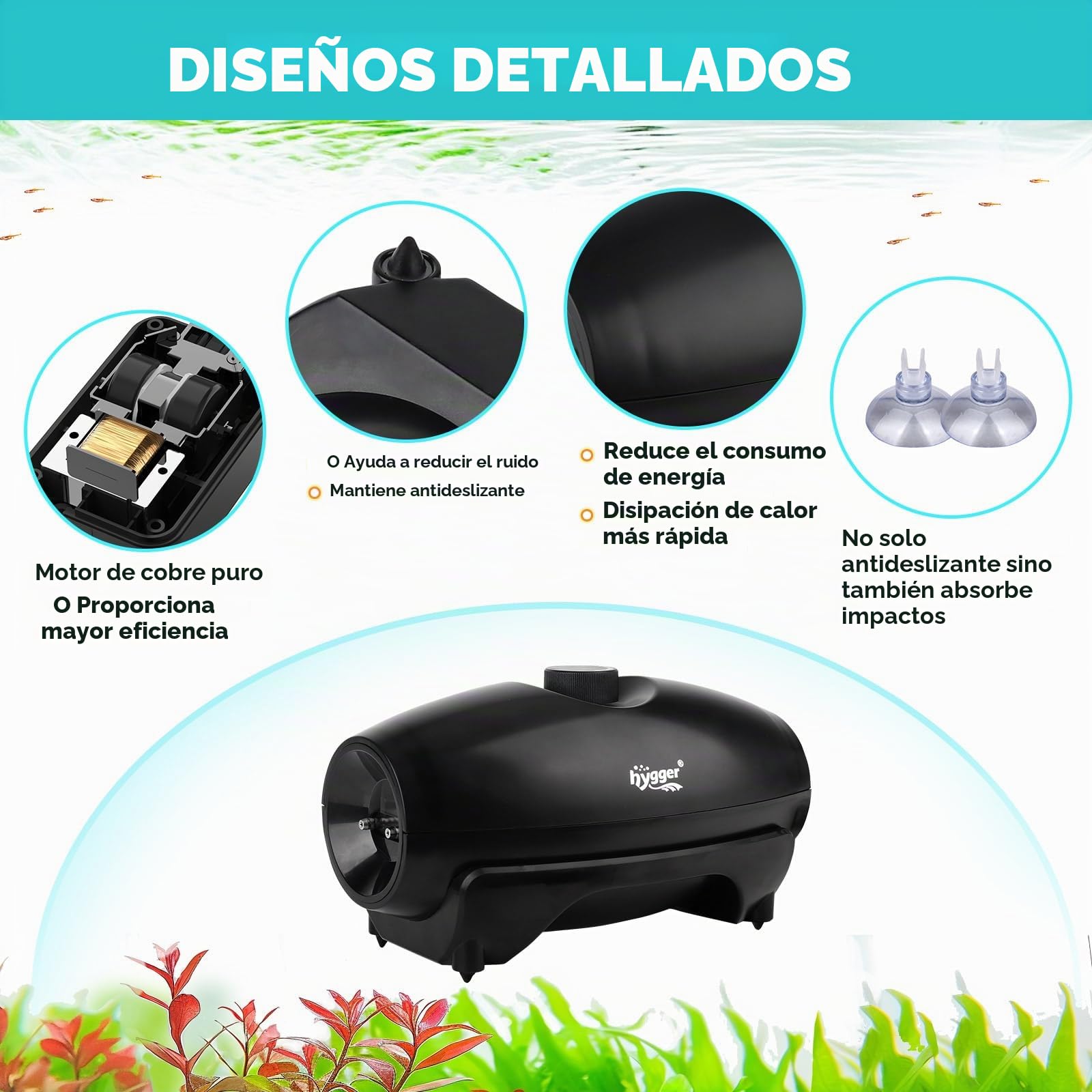 Hygger Bomba Aire Acuario, 5W Bomba de Aire Acuario Regulable de Oxígeno con 2 Salida para Acuario, Cuenco para Peces con Manguera de Aire Válvula Antirretorno