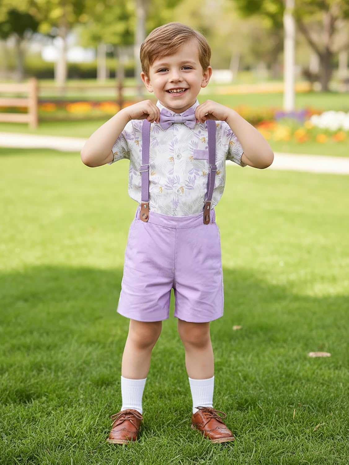 Boarnseorl Baby Boys Shorts Sets, Infant Shirt+Shorts+Bow Tie+Suspenders Outfits Suits