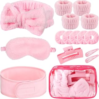 16 Pcs Skin Care Headband Set Include 2 Pink Spa Headband 1 Pink Plush Sleep Eye Mask 4 Skin Care Wristbands 5 Velvet Scrunchies 1 Claw Clips 2 Bangs Clip 1 Cosmetic Bags for Spa Gift