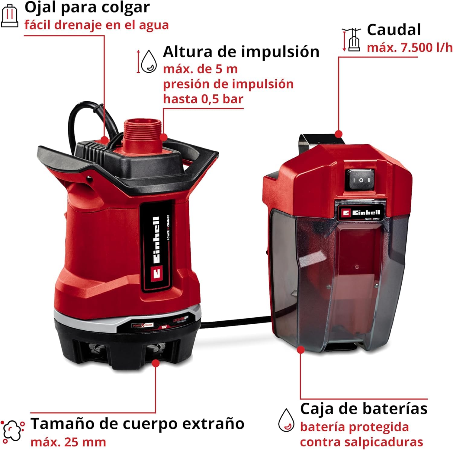 Einhell GE-DP 18/25 Li-Solo Power X-Change Bomba de aguas sucias 18 V 7500 l/h 5 m ECO BOOST