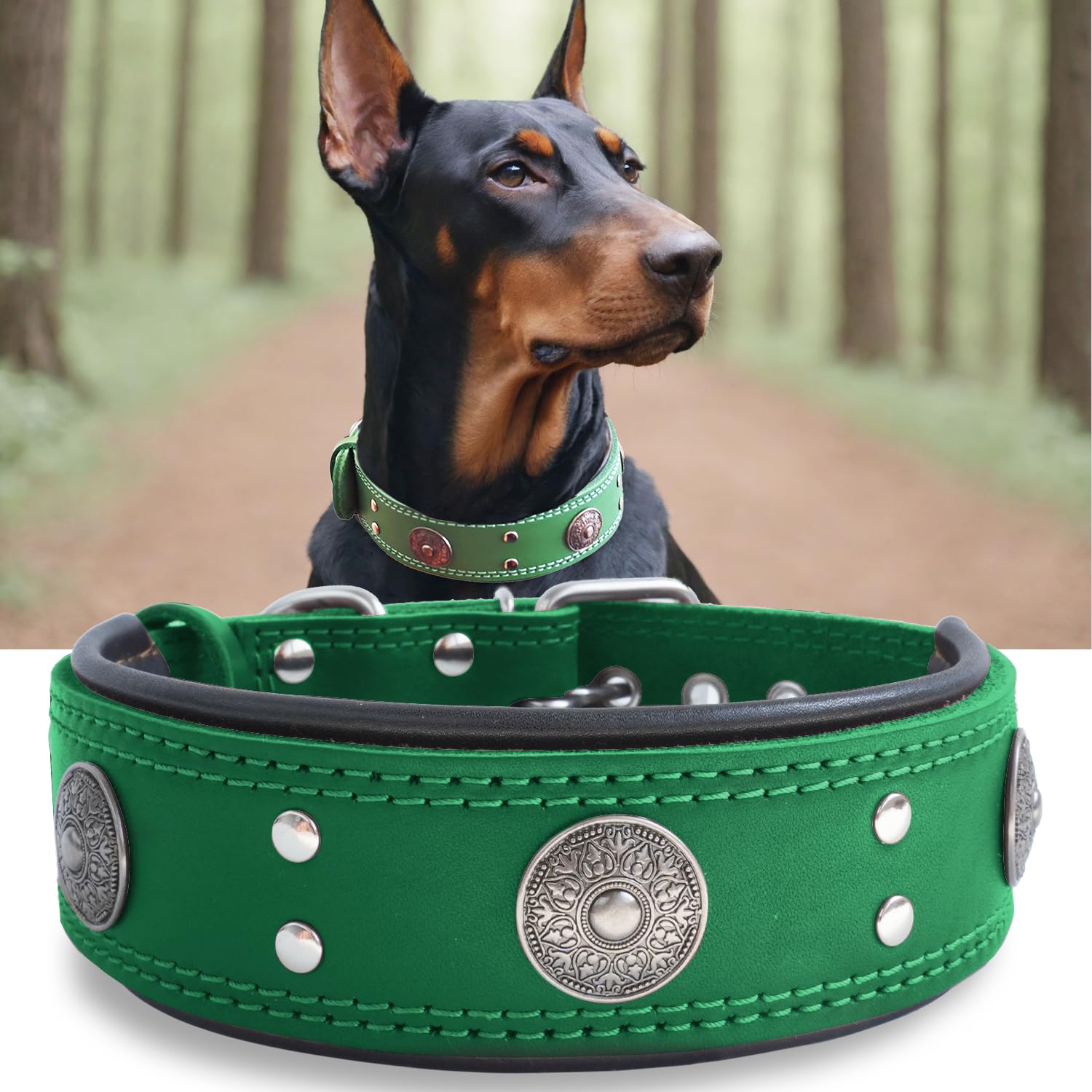 Collar de Cuero para Perro, Collares de Cuero Genuino Resistente de 5 cm de Ancho, Hecho a Mano, Suave y Lujoso, la Mejor opción para Perros de Raza Grande y Media, Color Verde, 22.5-26.5 Pulgadas