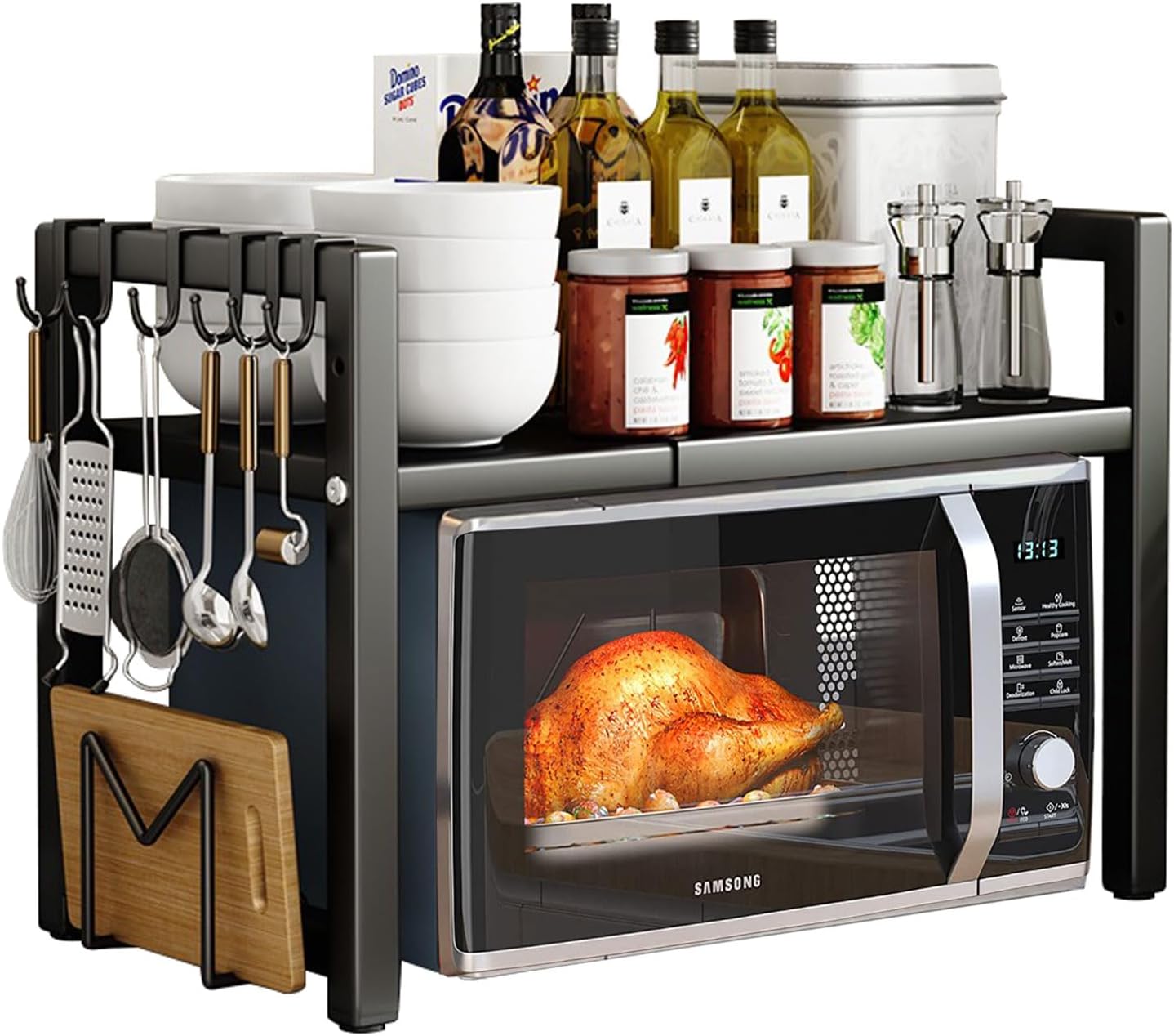 Expandable Microwave Oven Rack 2Tier microwave shelf,with 6 hooks Adjustable Carbon Steel Microwave Shelf,Kitchen Counter Organizer Shelf Stand,Pot Pan Grill Storage Racks, Width 40-64cm Black