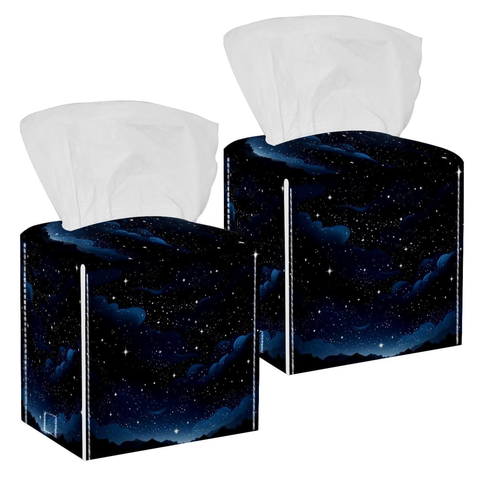 Black Starry Sky Tissue Box Cover, 2 Pack PU Leather Square Facial Tissue Dispenser Box holder for Home Office Car