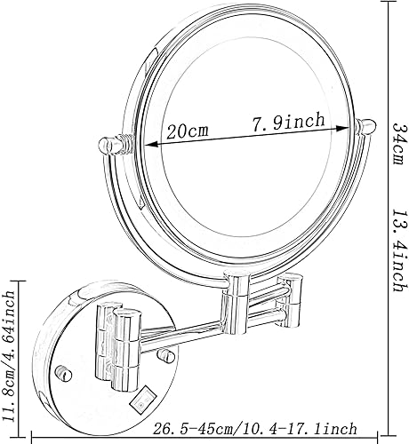 Miniatura 6 de Espejo de maquillaje montado en la pared con luces LED, espejo cosmético redondo de doble cara con luz y aumento, retráctil y extensión espejo