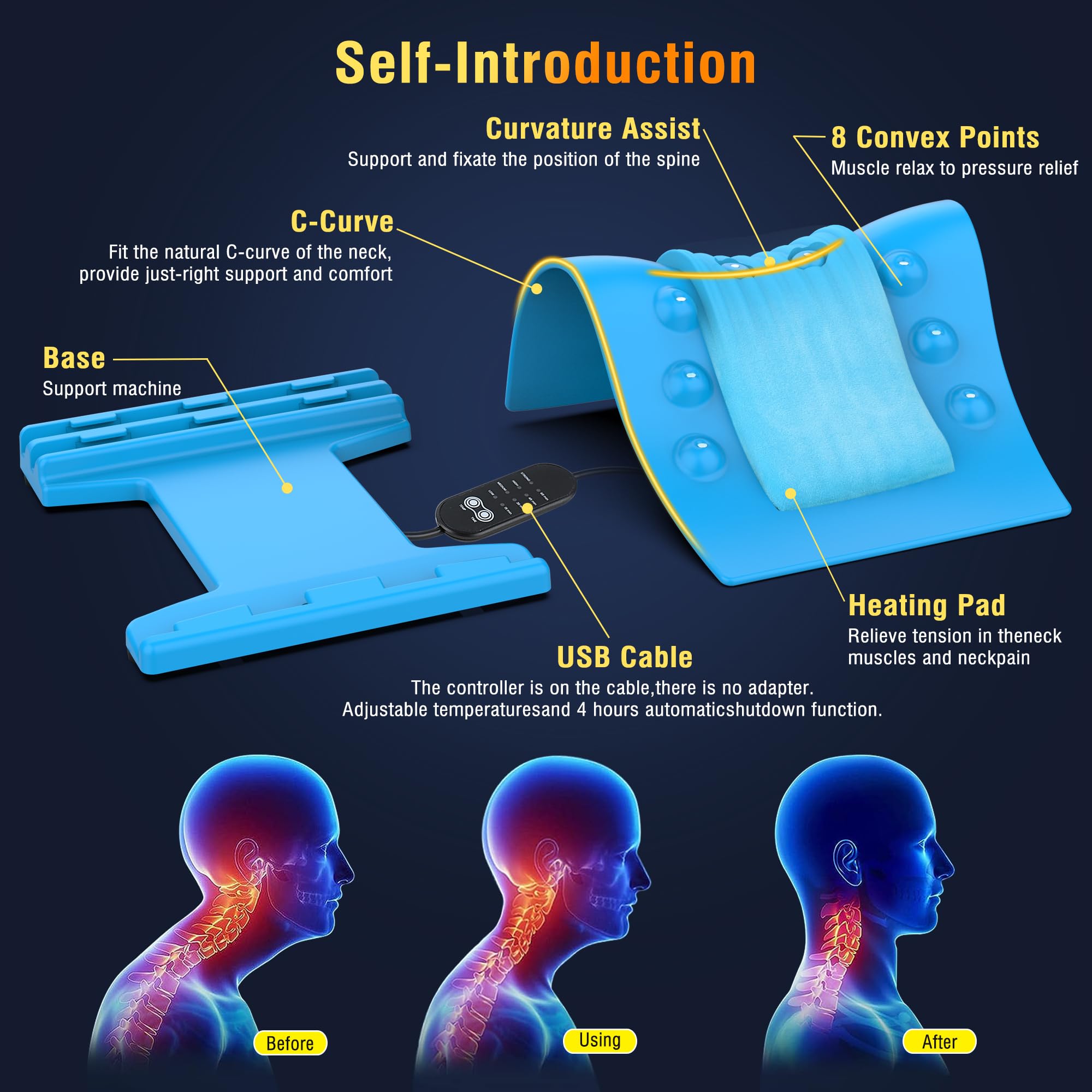 TEMASH Cervical Traction Device - Heated Neck Stretcher for Instant Neck Pain Relief, Tension Headache Reduction, and TMJ Pain Relief, with Cervical Spine Pillow to Correct Neck Hump(Blue)