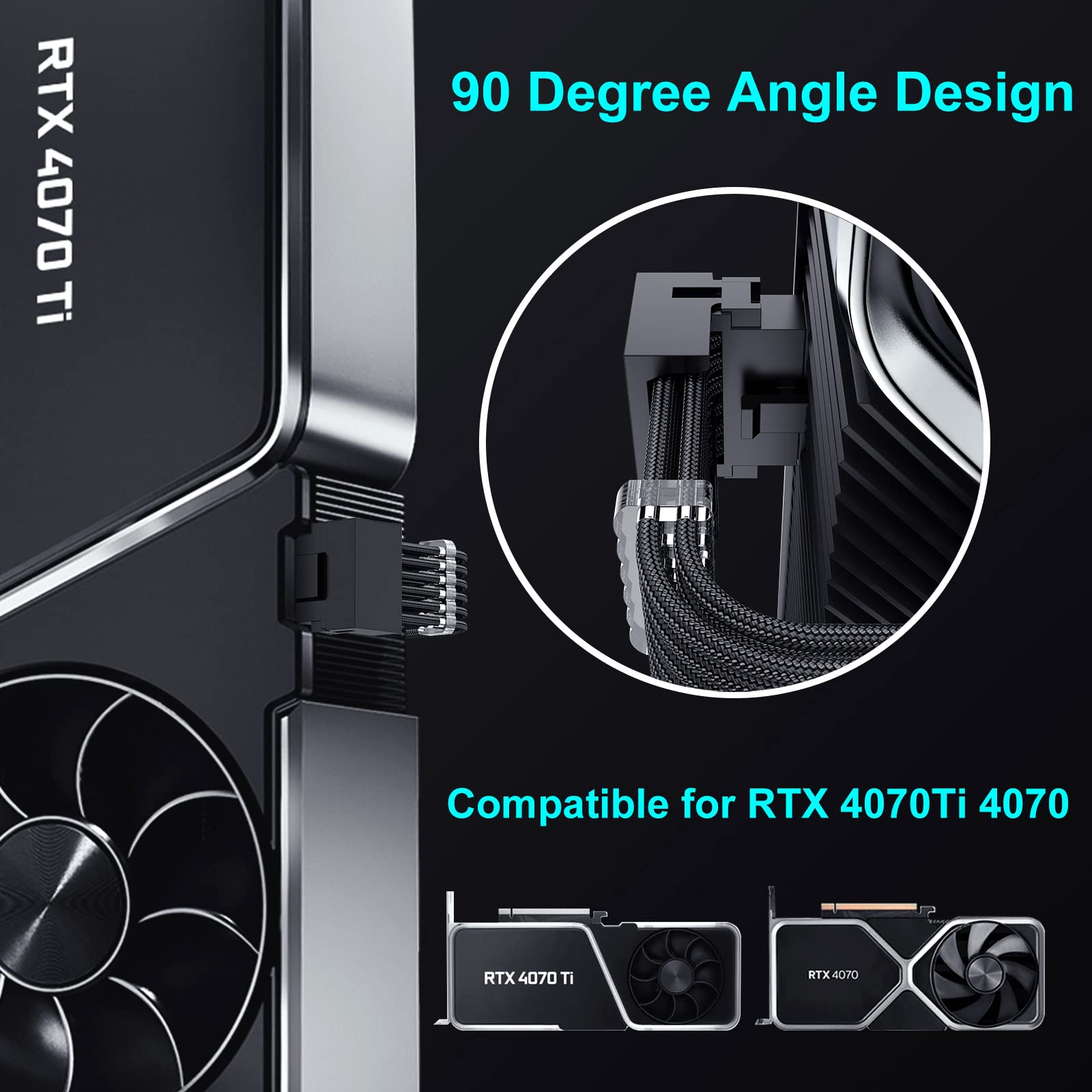 16Pin GPU RTX 4070 Super Power Adapter Cable 90 Degree, PCIE 5.0 16Pin Male to 2X8Pin Female Right Angled 12VHPWR GPU Extension Cable for Geforce RTX 4070 5070 Ti RTX 5080-13inch Black