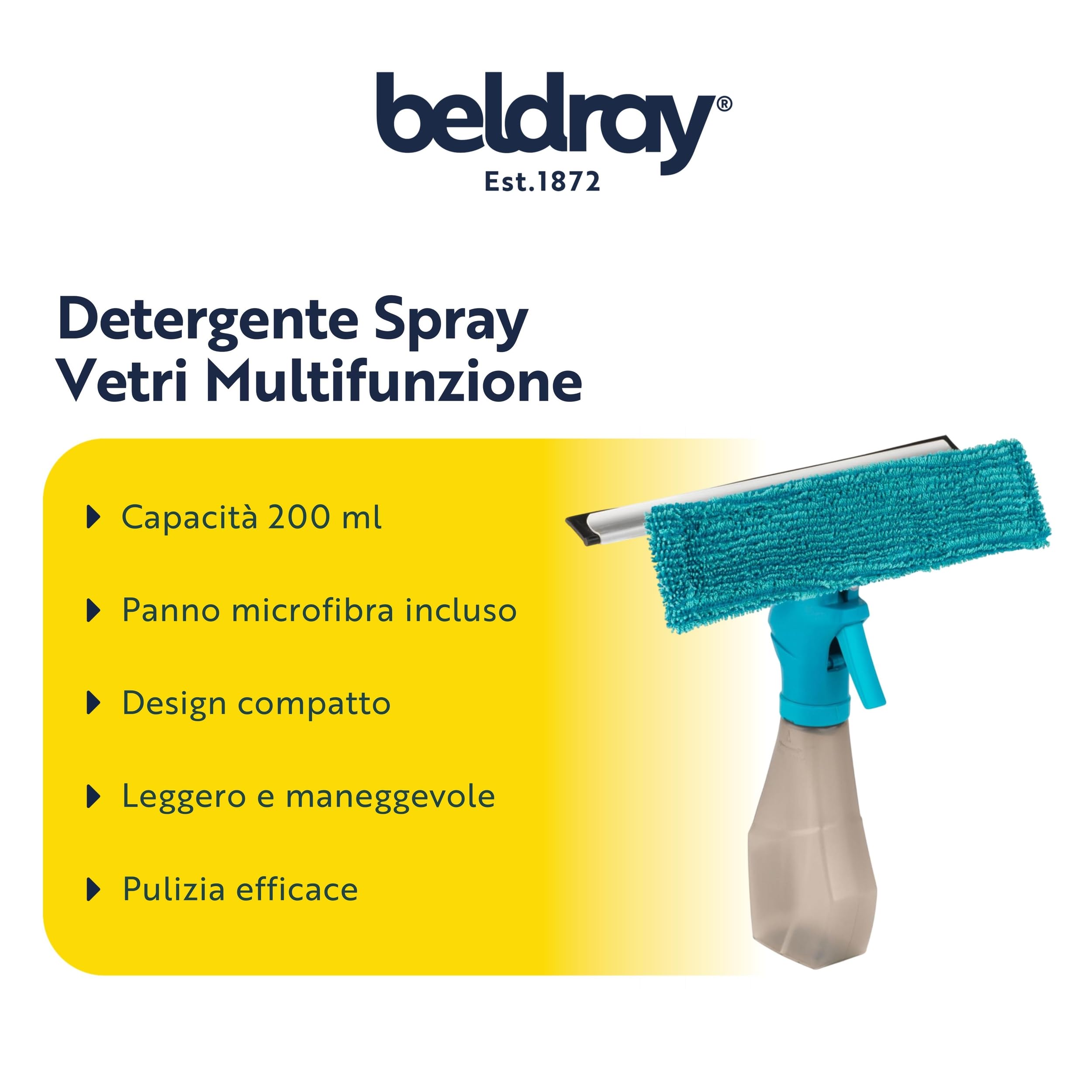 Beldray LA024275TQEU7 Detergente per Vetri Spray Salviette Integrate & Tampone di Pulizia in Microfibra, leggero, 25 x 27 cm, TergiVetro del Finestrino, Detergente per Vetri Doccia