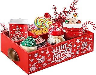 Christmas Hot Cocoa Bar Wood Storage Organizer Hot Chocolate Bar Accessories 4 Compartment Xmas Decoration Wood Bin Rustic Farmhouse Storage Box for Home Kitchen Party Holiday Supplies