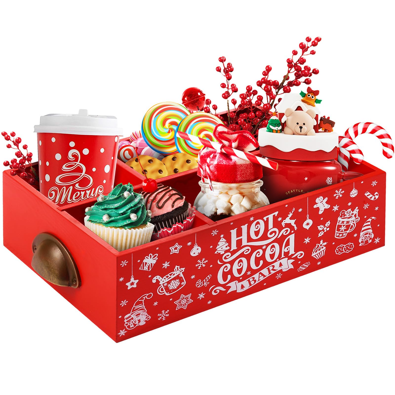 Rangement en bois de Noël 4 compartiments pour cuisine et accessoires de chocolat chaud