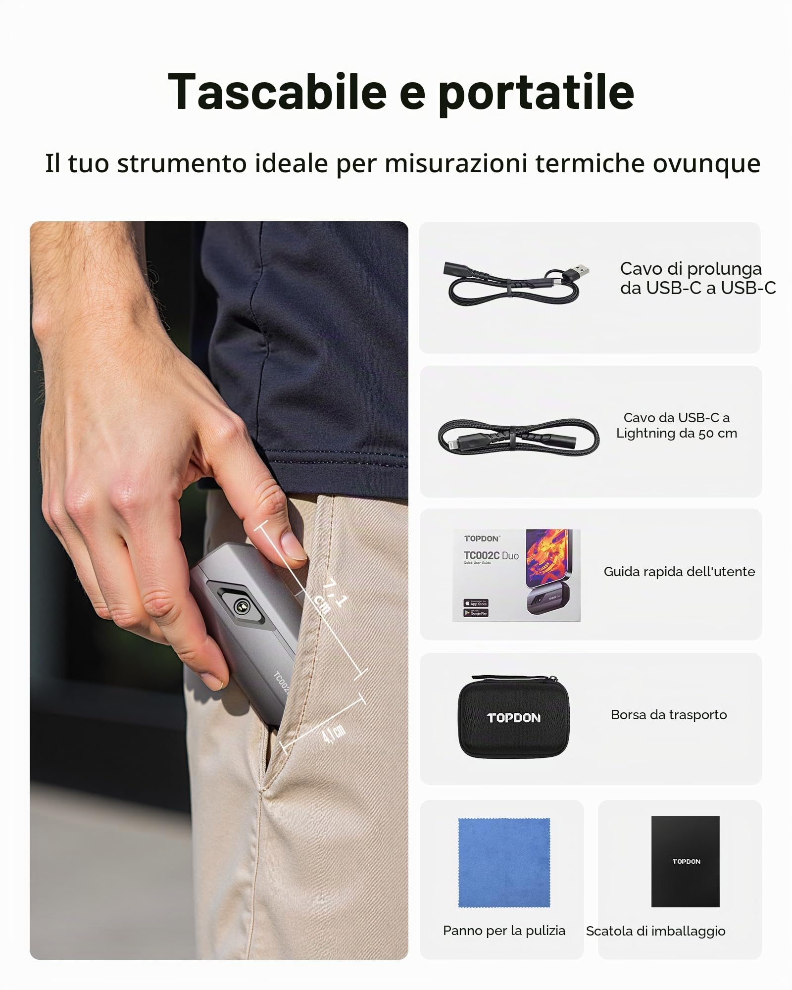 TOPDON Telecamera TC002C Duo per Android/iOS, 512 x 384 TISR ad alta risoluzione, -20-550 °C, 25 Hz, per smartphone/tablet/PC, USB-C/Lightning, fotocamera a infrarossi per ispezioni elettriche