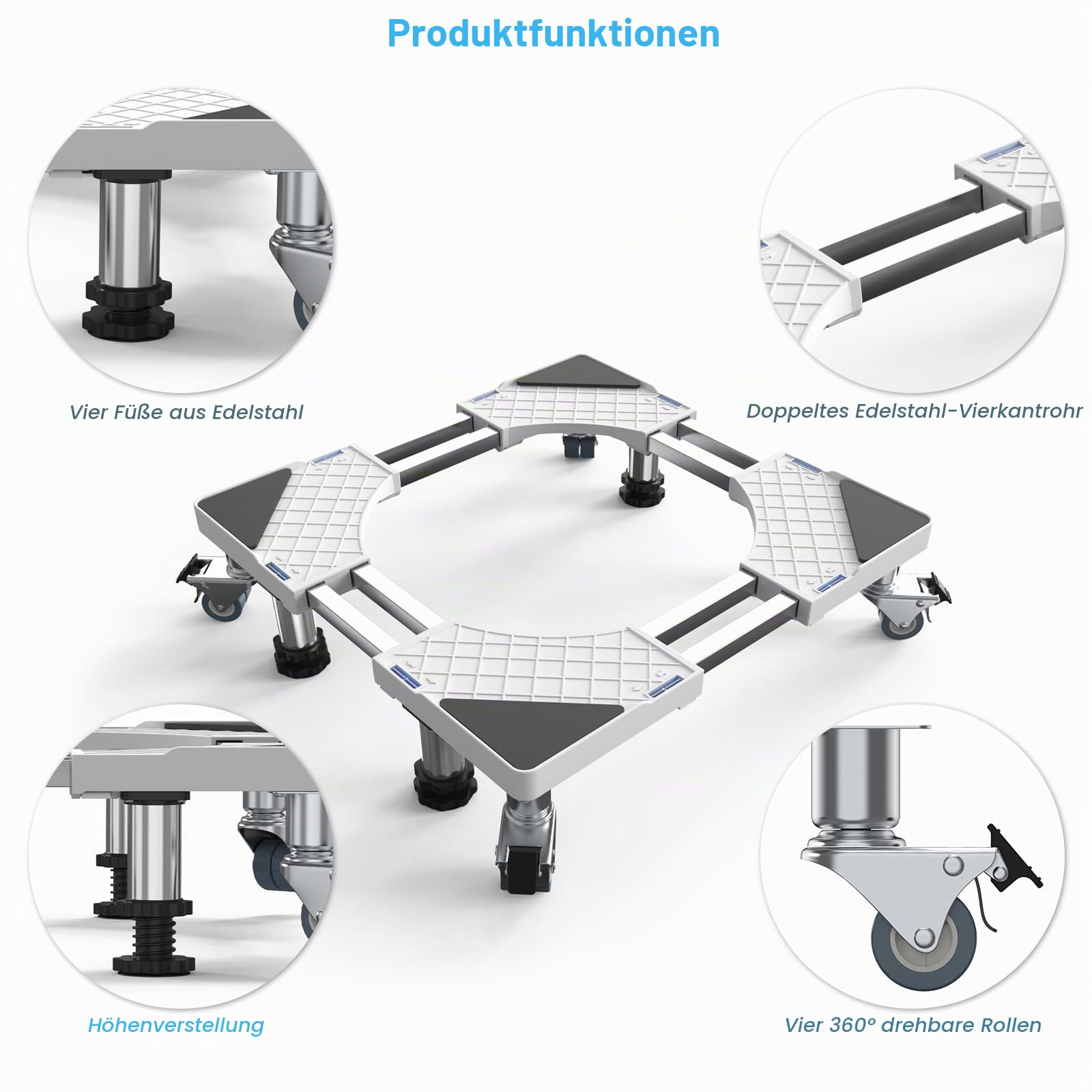DEWEL 4 Füße + 4 Räder Waschmaschine Untergestell für Kühlschrank Verstellbare Waschmaschinensockel für Trockner, Bärenlast 500kg, Untergestell Einstellbare Breite 47-67cm, Höhe 13.5cm