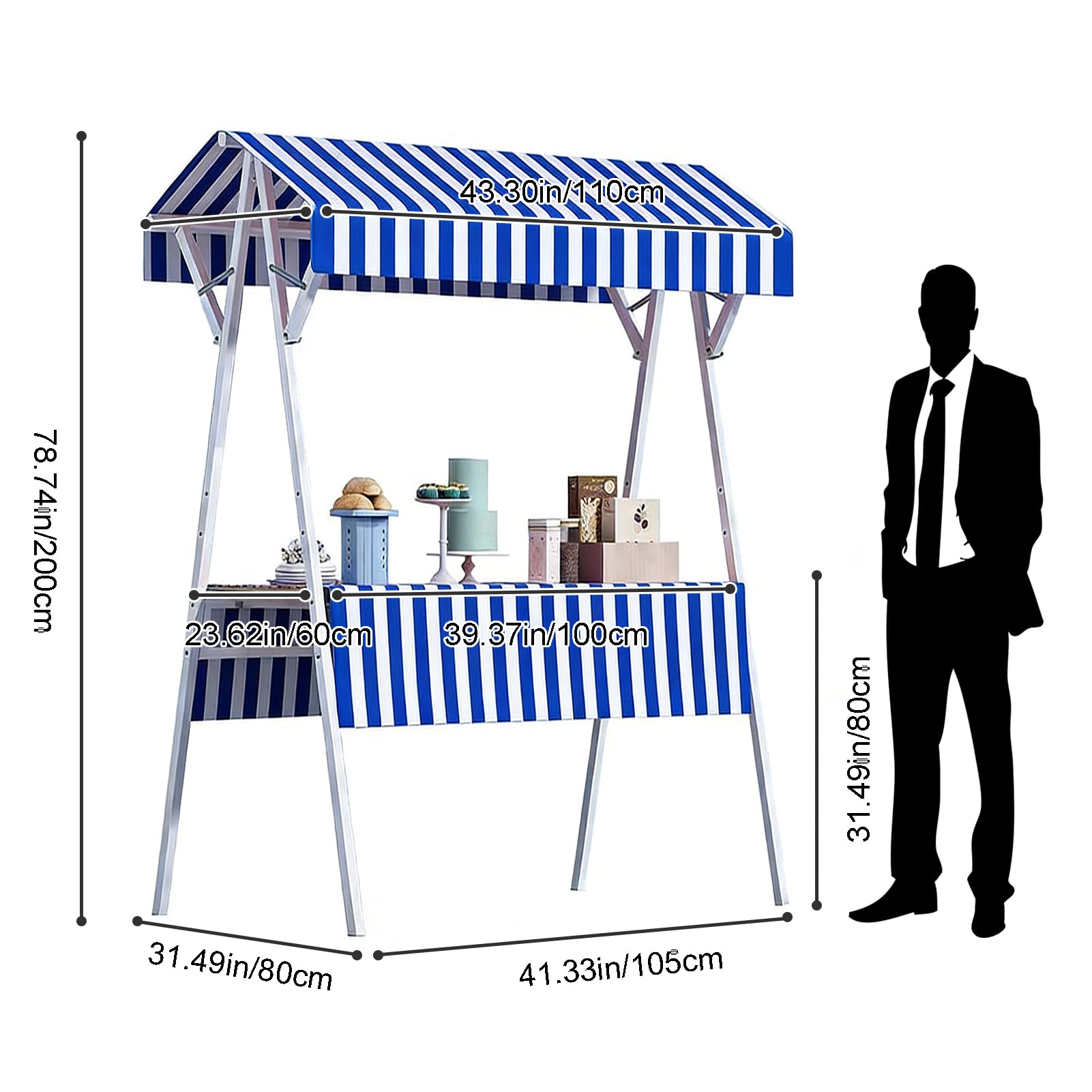 Faltbarer Metall Marktstand, Imbisswagen Verkaufsstand Food Cart, Tragbarer Stand Auf Rädern mit Markise, Kiosk Für Straßenmärkte Bauernmärkte Festivals Events(Blue, 110cm/43.30in)