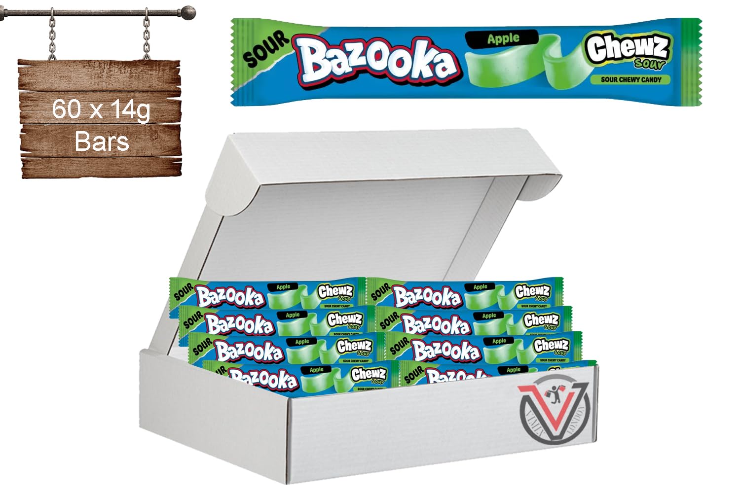 All Sweet Collection Bazooka Chew Bars 14g (60 x 14g Bars (Full Box), Sour Chewz Apple)