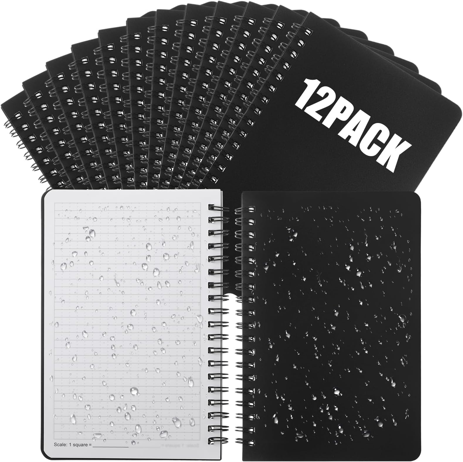 Jetec 12 Pcs Stone Paper Waterproof Spiral Notebook Journals Notepad Grid Notebooks 5 x 7 Inch Graph Paper Spiral Notepads Waterproof Sheet Journals 64 Pages for Aesthetic School (Black)