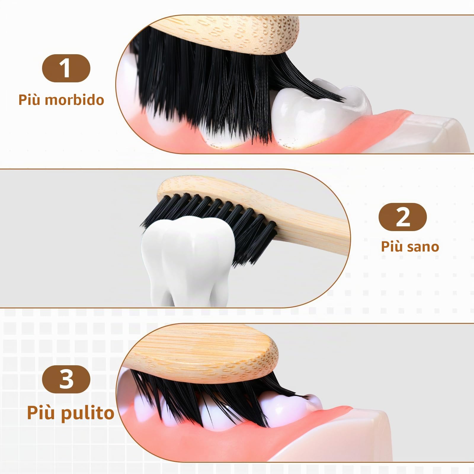 Spazzolino Bamboo, 100% Senza BPA Vegan Spazzolini Bamboo di Riutilizzabili e Biodegradabile, con Setole di Carbone Morbide e Disegno Individuale, Confezione Biodegradabile Sostenibile-10 Colori