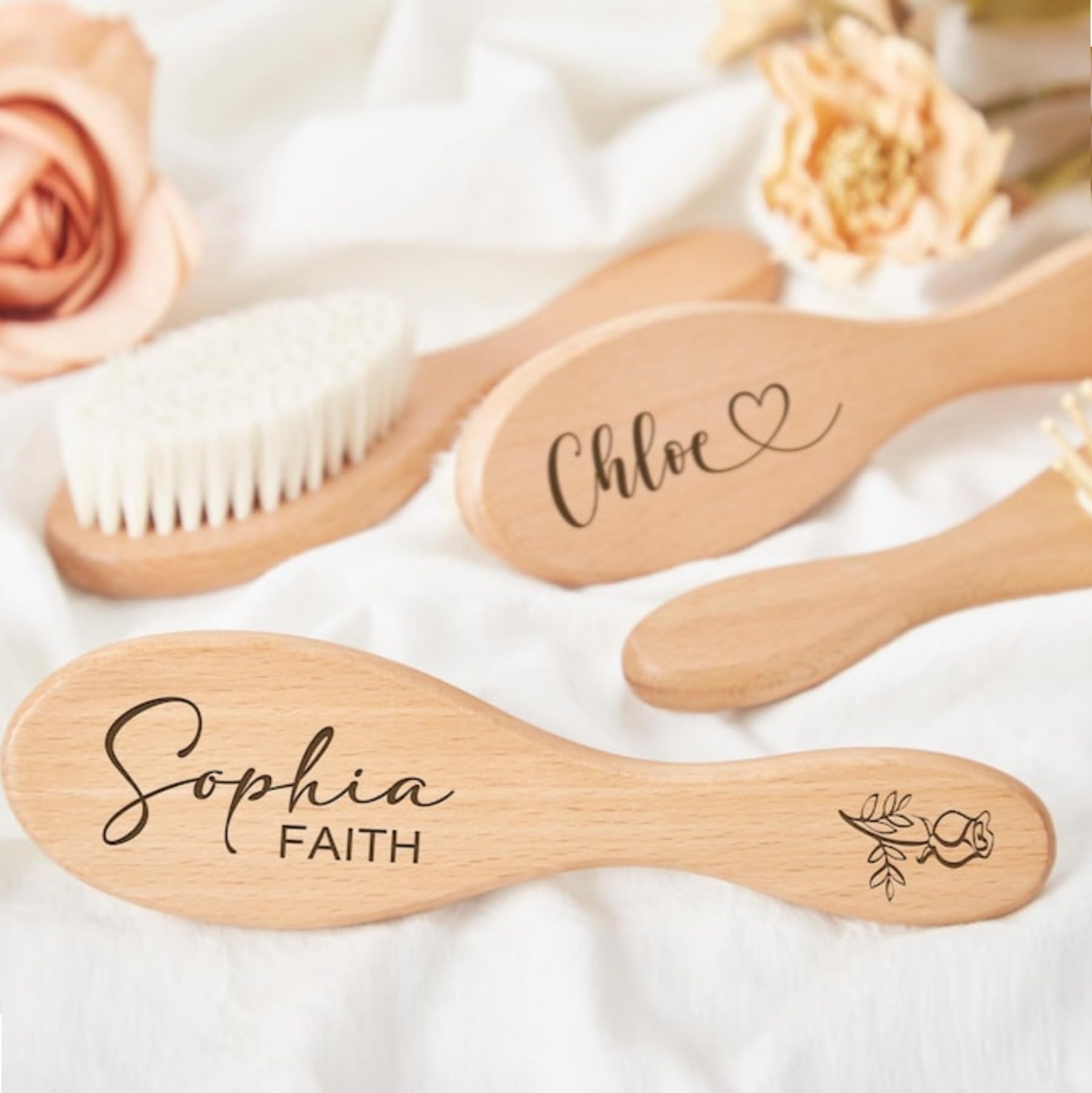 Personalized Baby Brush and Comb Set for Newborn Wooden Baby Brush Personalized Baby Gifts for Girls Boys Birth Flower Baby Hair Brush Set