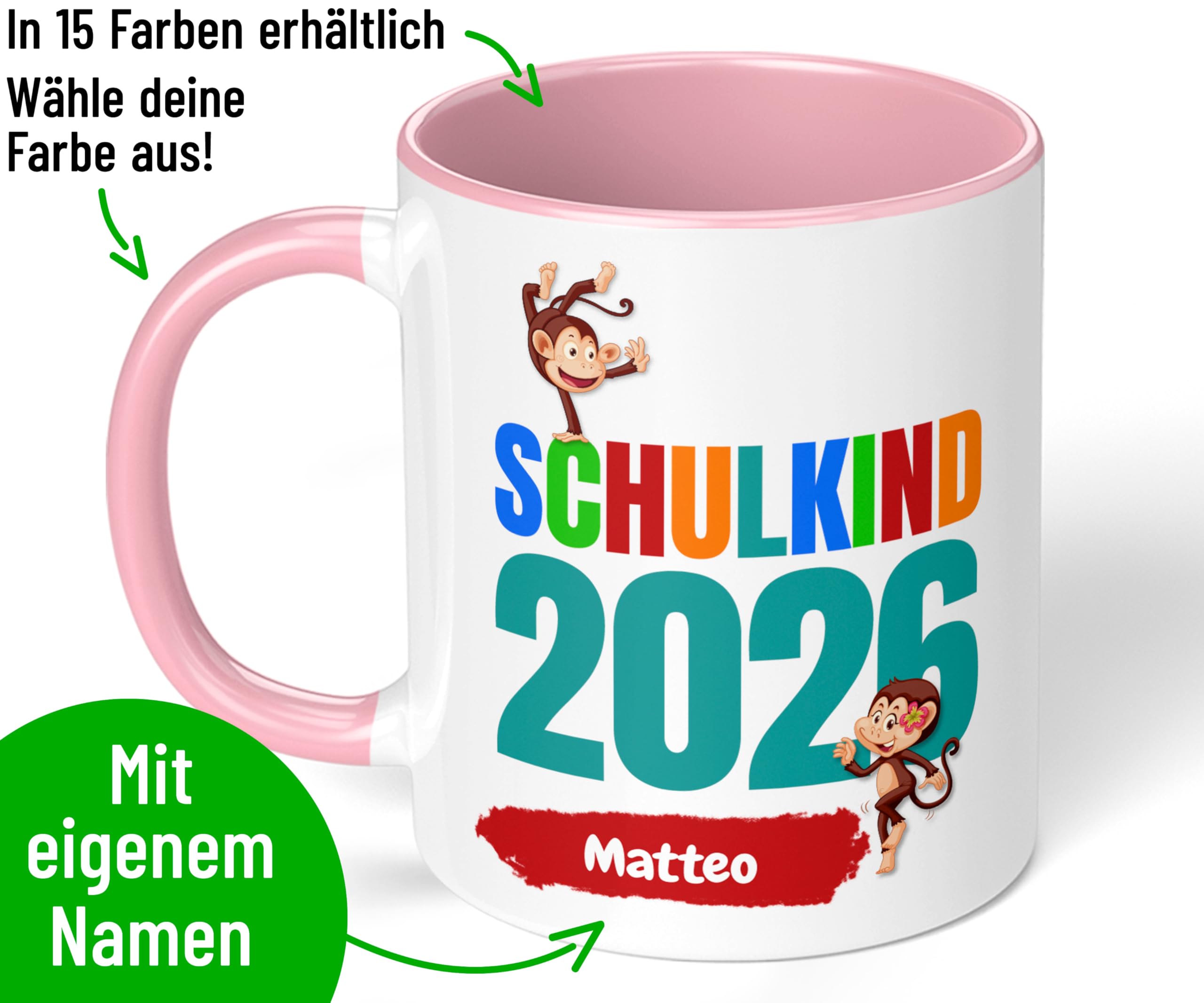 Geschenk zur Einschulung für Mädchen und Jungen: personalisierte Tasse Schulkind 2026" Affen-Motiv mit Namen, Rosa