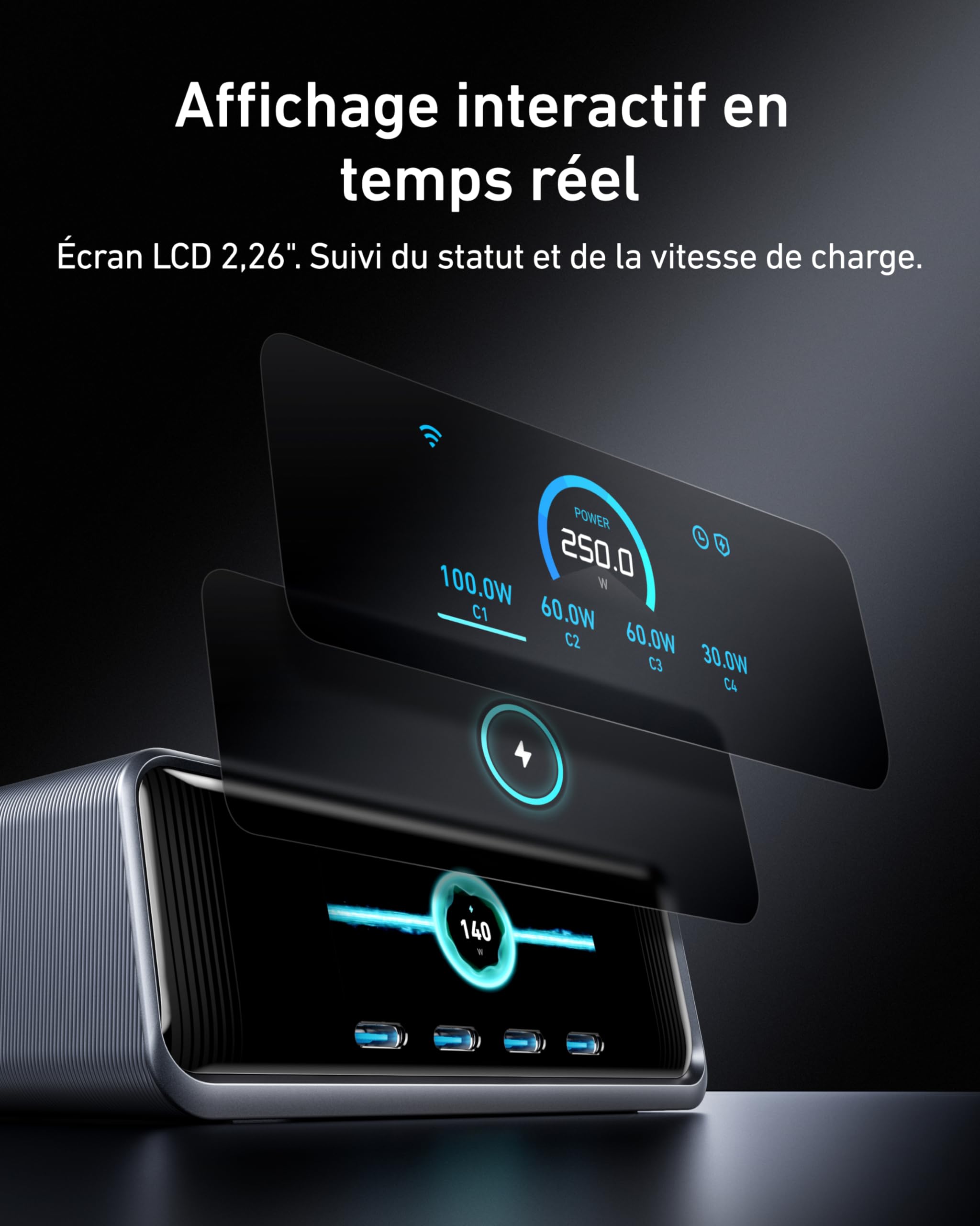 Anker Prime Chargeur USB C 250 W, Station de Recharge ultra-rapide 6 Ports GaN, écran LCD 2,26", Molette de Contrôle Intelligente, MacBook Pro/Air, iPhone 17/16/15, Pixel, Galaxy, Apple Watch, et plus