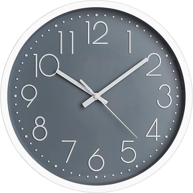 PAWTTY 12 Wall Clock Silent Non Ticking Arabic Numeral Clock Grey Round Decorative Wall Clocks for Home Living Room, Bedroom,Kitchen,Office and School- Grey