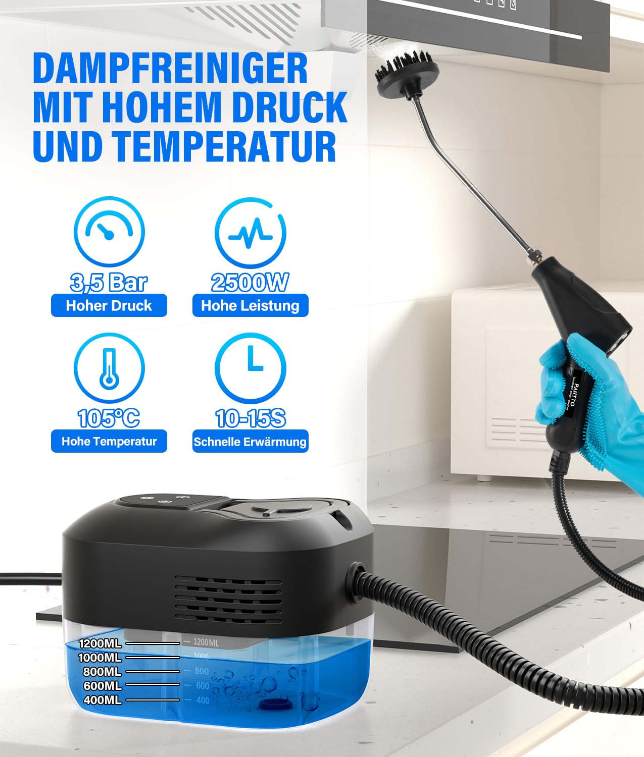 PAHTTO Handdampfreiniger Dampfreiniger Handgerät, 2500W Hochtemperatur-Dampfreiniger, 1200ml transparenter Wassertank, 15s Aufheizzeit, 6-Stufen-Temperaturregelung, für Haushalt, Küche, Bad, Auto