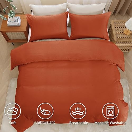 Miniatura 2 de Juego de funda de edredón de tamaño matrimonial, color naranja quemado de 3 piezas, funda de edredón de microfibra cepillada refrescante con cierre