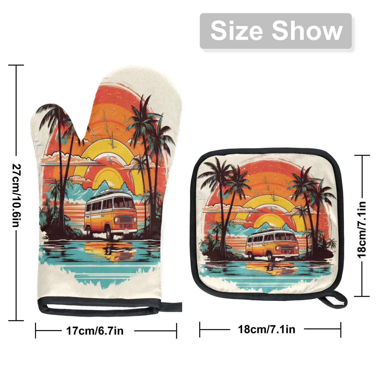 Watercolor Car Coconut Tree Oven Mitts Kitchen Oven Gloves for Cooking Baking Heat Proof Lining Cotton Kitchen Potholder Mittens Pot Holders Hot Pads for Chef Women Men