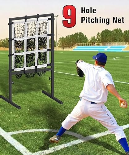 Miniatura 7 de Queension Red de lanzamiento de 9 agujeros con zona de ataque, redes de béisbol Powernet de altura ajustable con bolsillos de objetivo para batear,