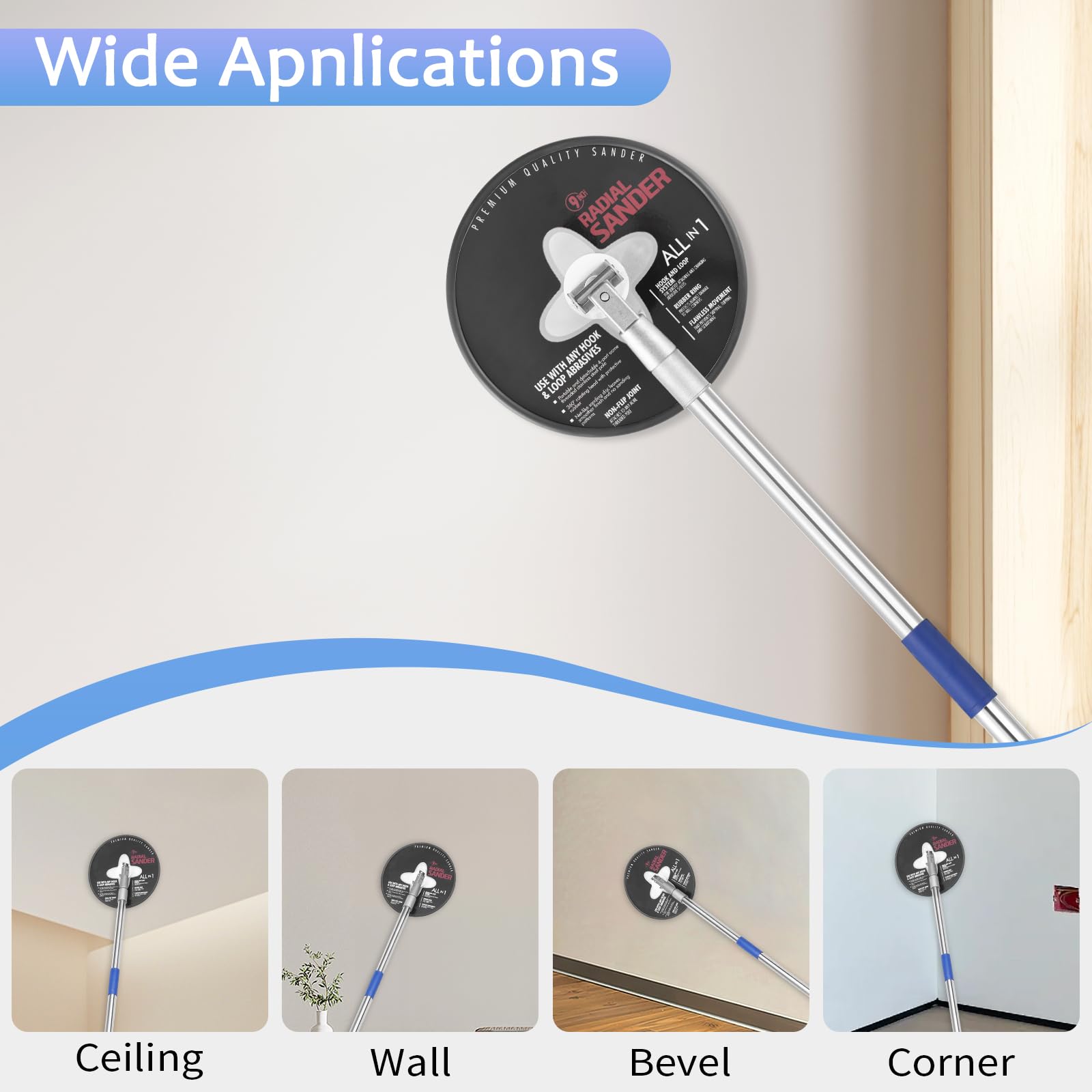 Lijadora de poste para paneles de yeso, lijadora radial de 9 pulgadas con barra de extensión ajustable de 49-90 pulgadas, lijadoras de pared para preparación de pintura, cabezal de lijado circular