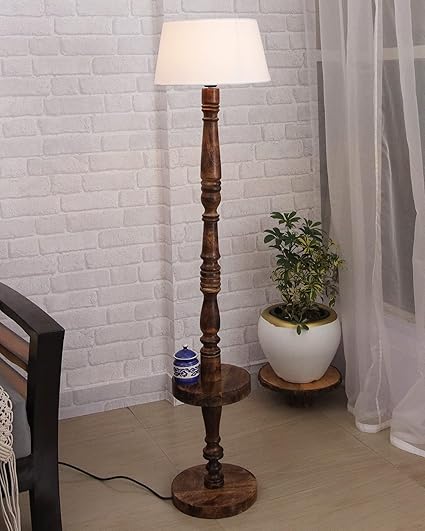 Homesake Floor Lamp, Lamp for Living Room, Lamp for Bedroom, Standing Lamp, Home Decor Items, Light Lamp with Shade, Antique Wooden - (White, Round)