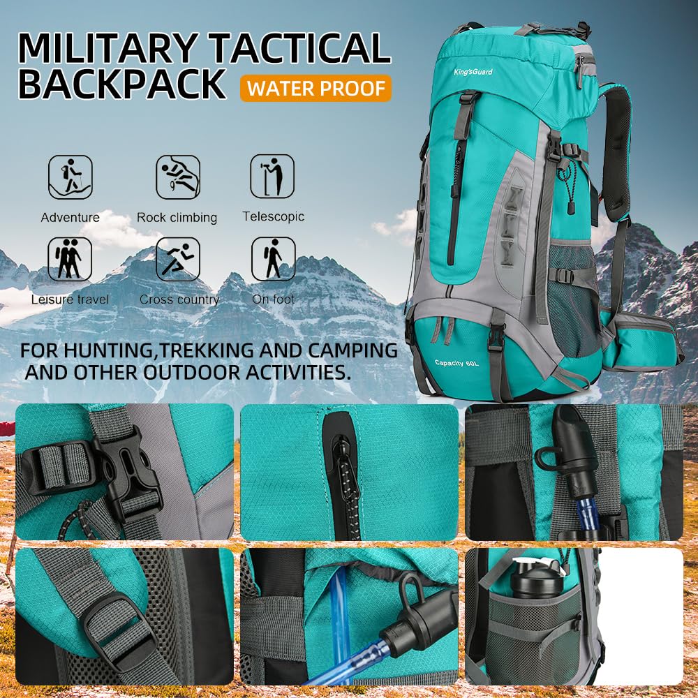 King'sGuard Plecak turystyczny 60 l, lekki plecak kempingowy z osłoną przeciwdeszczową, duży, wodoodporny, pakowany plecak outdoorowy
