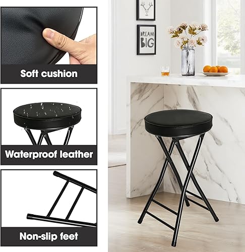 Miniatura 5 de Gluck Plants Taburete plegable de 24 pulgadas, plegable, portátil, plegable, de altura, silla acolchada de cuero para adultos, para cocina, sala de