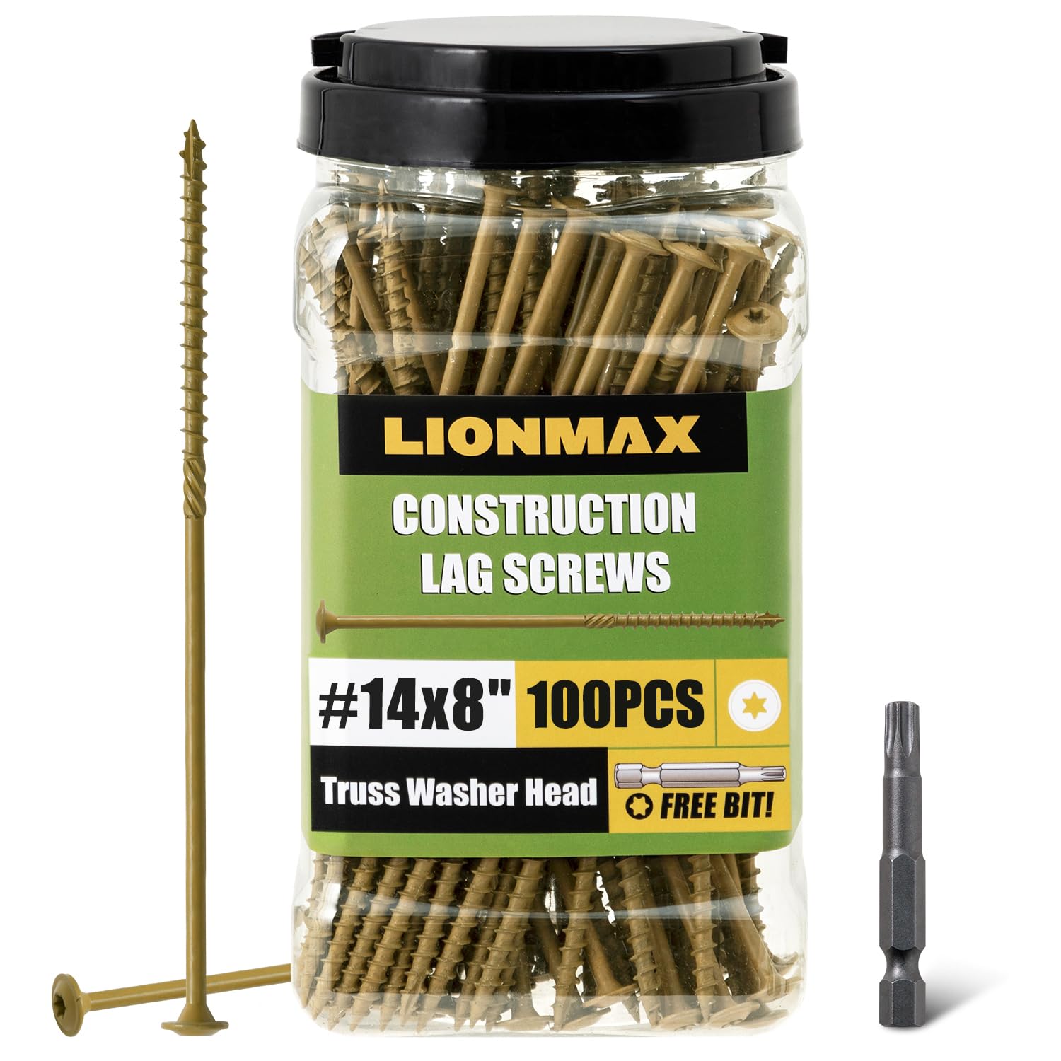 LIONMAX Tornillos de retraso de 8 pulgadas, tornillo de madera estructural #14 x 8, 100 unidades, resistentes, revestimiento resistente a la corrosión para madera exterior, retraso, madera, marco